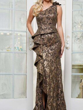 NWT Rina Di Montella RD3231 Ruffle One Shoulder Formal Gown Black Gold Size 16